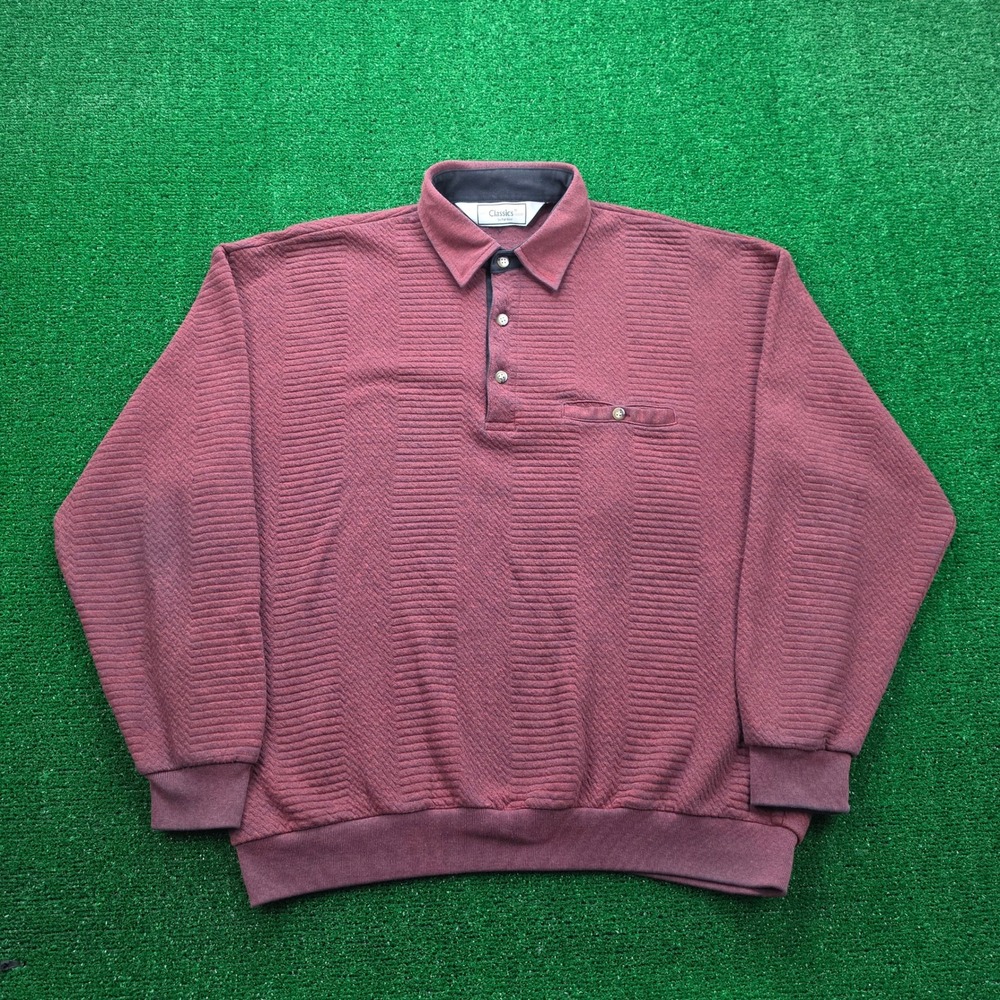 Vintage Classics by Palmland Polo Sweatshirt Mens Large Burgundy Textured Banded